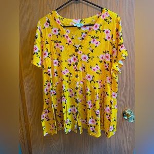 Indigo Rose, Women's 3XL Short Sleeve Blouse, Yellow W/ Pink & White Flowers